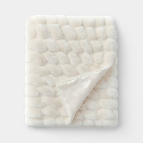 Ruched Faux Rabbit Fur Throw Blanket Ivory - Threshold™