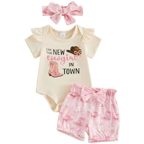 Newborn Western Baby Girl Clothes Summer New Cowgirl in Town Short Sleeve Romper Shorts Set Infant Cowgirl Outfit