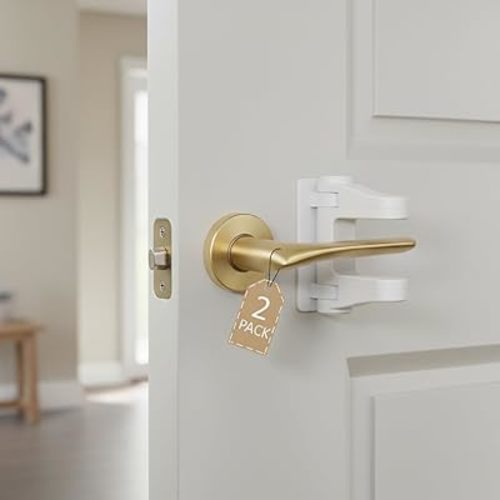 Child Proof Door Lever Lock(2 pack)- 3M Adhesive, No Drill for Kids Safety, Door Handle Baby Proof - One Hand Adult Operation Stops Toddlers Dogs Pets