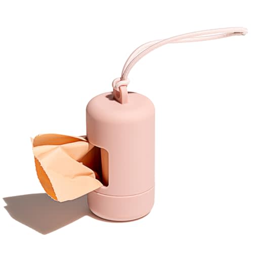 Wild One Dog Poop Bag Holder and Dispenser with Leash Attachment, Leak Proof, Easy Twist Top for Refills, Includes 1 Roll Bags, Blush
