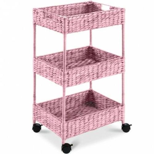 Best Choice Products 3-Tier Water Hyacinth Rolling Nursery Caddy w/ Wheels, Utility Cart, Storage Organization - Pink