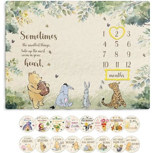 Pooh Milestone Blanket for Babies, Winnie Baby Milestone Blankets, Winnie Quotes Milestone Blanket, Newborn Photography Background Decor, with 8pcs Double-sided Printed Holiday Cardstock 35.4*47.2in