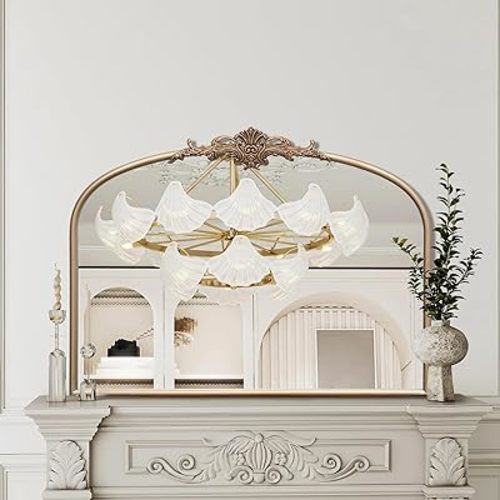 Besdomus Arched Vintage Gold Mirror: 32"x24" Large Champagne Gold Antique Wall Mounted Mirror - Baroque Traditional Ornate for Fireplace/Bathroom/Living Room - Christmas Idea Gifts for Women