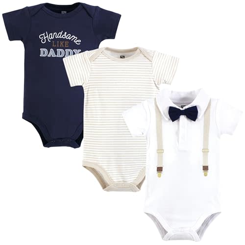 Hudson Baby Infant Boy Cotton Bodysuits, Beige Navy Suspender, 3-6 Months