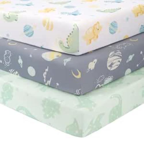 Baby Crib Sheets for Boys and Girls, 3 Pack Toddler Bed Sheets for 52”x28” Standard Toddler Mattresses, Soft Microfiber Fitted Crib Sheets Neutral Green Dinosaur Planet