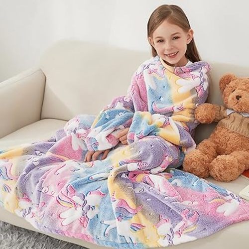 Softan Kids Snuggies Wearable Fleece Blanket with Sleeves & Foot Pocket for Kids Girls Boys, Lightweight Soft Blanket,Glow in the dark Rainbow Unicorn