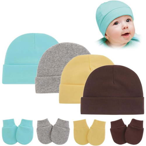 Newborn Sleeping Hat and Gloves Baby Caps Mittens Beanie Infant Hats with Bow Baby Scratch Mitten Gloves for Boys Girls, 4 Sets, Type 5