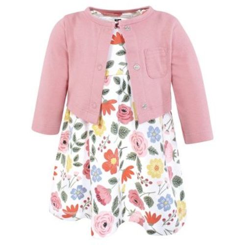 Hudson Baby Infant and Toddler Girls Cotton Dress and Cardigan Set, Mauve Modern Botanical, 4T