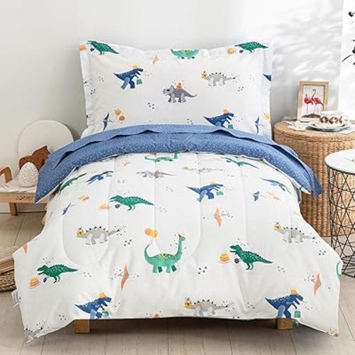 DJY Cotton Toddler Bedding Set, Blue Dinosaur Toddler Comforter Set for Boys Girls, 4 Pieces Soft Toddler Bed Set Includes Quilted Comforter, Flat Sheet, Fitted Sheet and Pillowcase