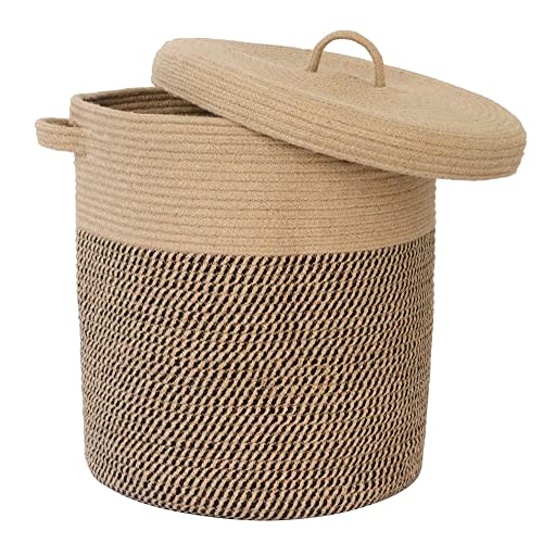 Extra Large Storage Basket with Lid 60L, 16"Wx18"H Woven Laundry Hamper Basket with Handle, Jute Rope Wicker Basket Blankets Pillows Storage in Living Room Baby Nursery, Jute/Black Mix includes Lid