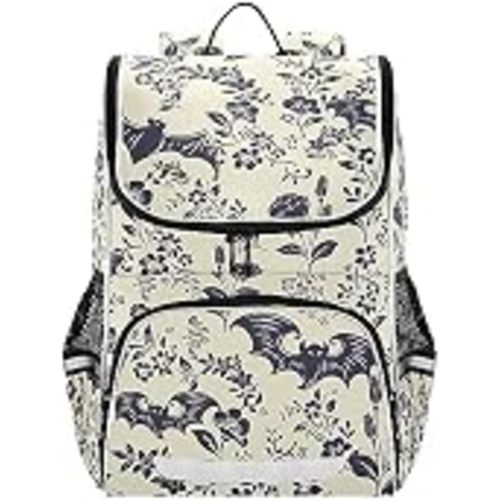 Goth Bat Flowers Backpack for School Bag Teen Kids Boys Girls | Elementary School with Reflective Strip Removable Chest Strap