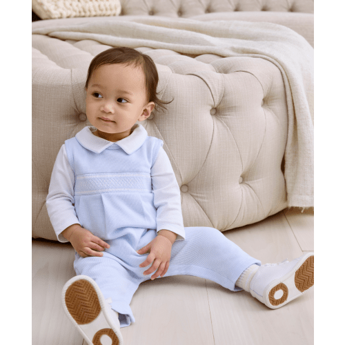 CLB Punto Ingles Blue Hand Smocked Overall Set