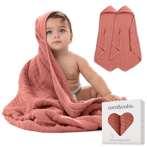 Comfy Cubs Hooded Baby Towel 2-Pack, Large 32 x 32 Inch - 6 Layer 100% Muslin Cotton for Babies, Toddlers and Kids - Soft & Absorbent Baby Bath Towels - Unisex Design for Bath Time - Dusty Rose