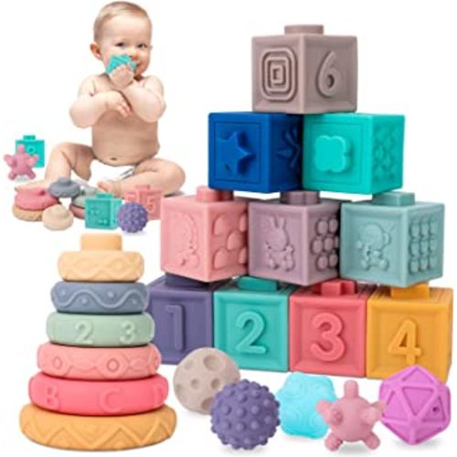 Baby Toys 6-12 Months, 3 in 1 Montessori Toys for Babies 6-12 Months, Incl Stacking Building Blocks & Soft Infant Teething Toys & Sensory Balls for Toddlers 0-3-6-9-12 Months