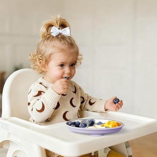 Bakpoco Stainless Steel Suction Plates for Toddlers, 8" Divided Kids Baby Plates with Removable Silicone Suction, Non Toxic Non Slip Portion Control Snack Dishes 3 Packs, Pink Beige Lilac