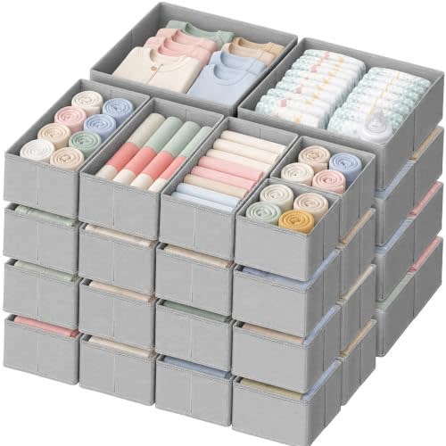 Criusia Drawer Organizer Clothes, 24 Pack Dresser Organizer for Baby Clothes, Underwear, Sock- Foldable Closet Organization and Storage Dividers Bins for Nursery, Bedroom and Dorm (Grey)