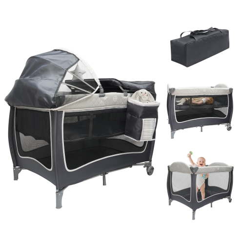 Vipsafe 5-in-1 Unisex Portable Baby Playard with Wheels Canopy Changing Table & Storage Bag, Grey