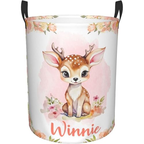 Deer Custom Baby Laundry Basket Personalized Gifts Customized Name Laundry Hamper For Kids Boys Girls Adults Collapsible Clothes Storage Organizer 16.5x13.3 In
