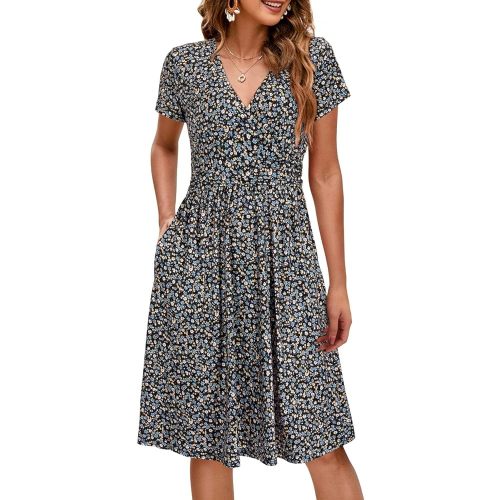 OUGES Maternity Nursing Dress Breastfeeding Short Sleeve V Neck Casual Pregnancy Clothes with Pockets