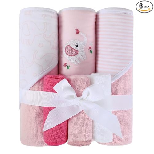 Softan Baby Hooded Towels and Washcloths Set 6 Pack, 28x28 Ultra Soft & Absorbent Baby Bath Towels for Newborn Infant Toddler, Unisex Boys Girls (Pink Elephant)