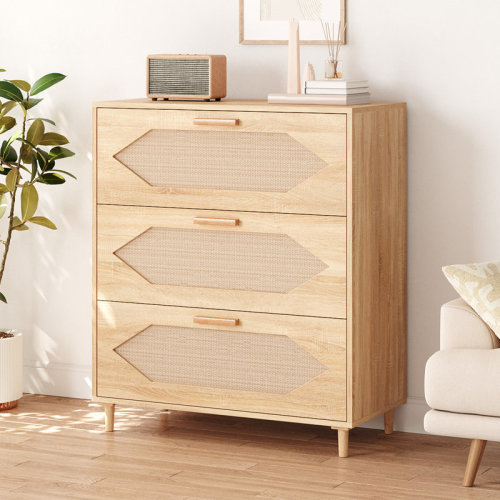 Dakota Fields 3 Drawer Rattan Dresser for Bedroom, Rattan Modern Dresser Wood Chest of Drawers, Wooden Storage Cabinets for Bedrooms | Wayfair
