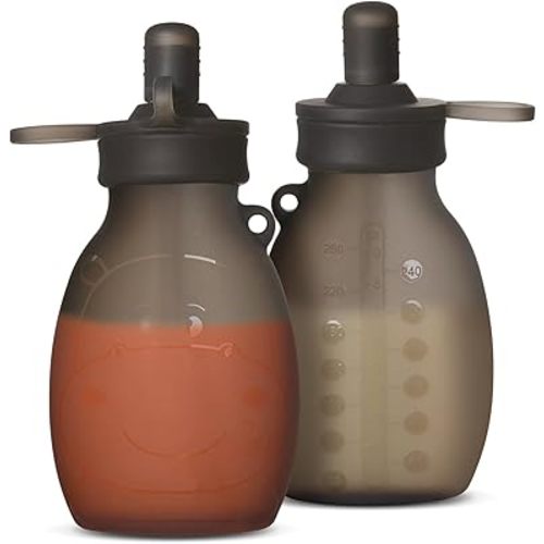 haakaa Hippo Wide Opening Silicone Goody Pouch – 9oz/260ml Reusable Pouches for Toddlers, Reusable Baby Food Pouches with Wide Neck for Quick Filling & Cleaning, 2 Pack, (Grey)