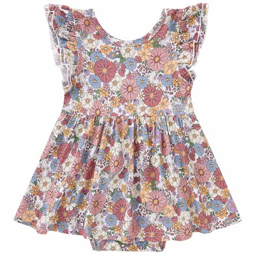 pureborn Baby Girls Viscose from Bamboo Bodysuit Dress Romper Dresses 0-24M | OEKO-TEX Certified, buttery soft, stretchy, breathable, twirly flowy skirt, ruffle flutter sleeves, all-over prints