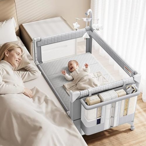 GAIVE 4 in 1 Baby Bassinet, One-Push Setup Pack and Play, Bedside Crib Sleeper with 3 Height Adjustable，Diaper Changer, Come with Comfy Mattress, Rotating Toy Bar, from Infants to Toddlers (Grey)