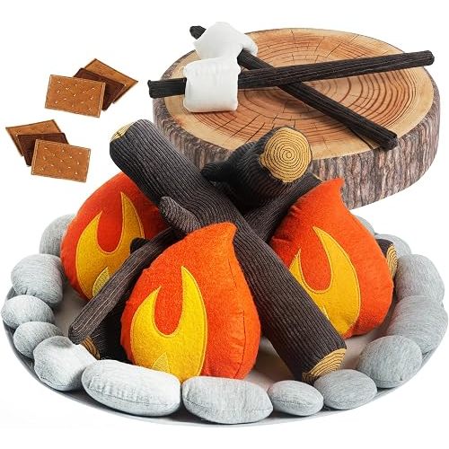 Pretend Campfire Set for Kids with S'Mores Kit & Wood Log Pillow
