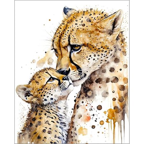 7Dots Art. Mom and baby Animals. Watercolor Art Print, playroom, and bathroom. Wall art decoration. Unframed. (n cheetah)