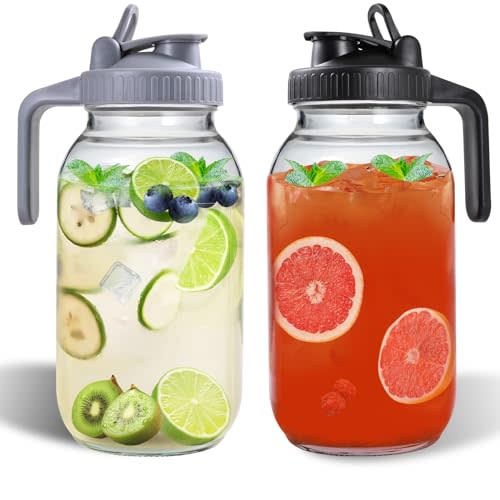 KFOSO 64oz Glass Pitchers with Lid and Spout, 2 Quart Mason Jar Pitchers, Wide Mouth Jar Leak-proof Water Jug for Water, Juice, Milk, Tea, Iced Coffee, and Drinks, 2 Packs.