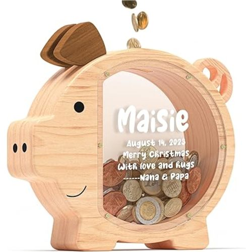 Summidate Custom Wooden Piggy Bank for Kids Boys Girls, Large Unbreakable Bills Coin Money Saving Box, Personalized Children Birthday Present, Nursery Decor