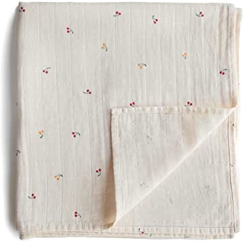 mushie Muslin Baby Swaddle Blanket | 100% Organic Cotton (Cherries)