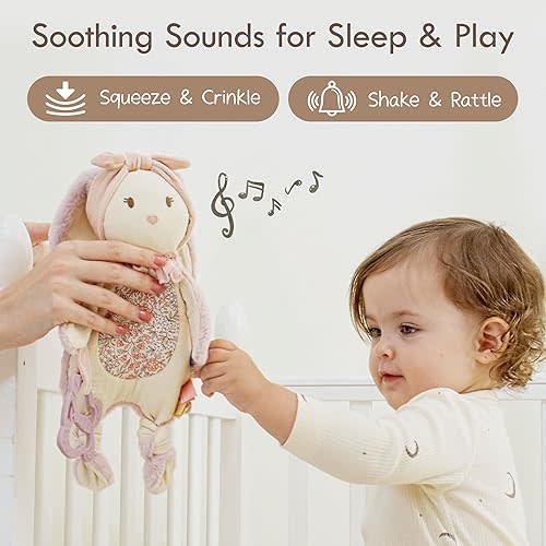 Moonkie Baby Cotton Lovey with Silicone Teether, Bunny Security Blanket with Textured Ribbons, Crinkle Toys, Soft Minky Velour & Natural Cotton, Newborn Girl Gift for Baby Shower or Birthday