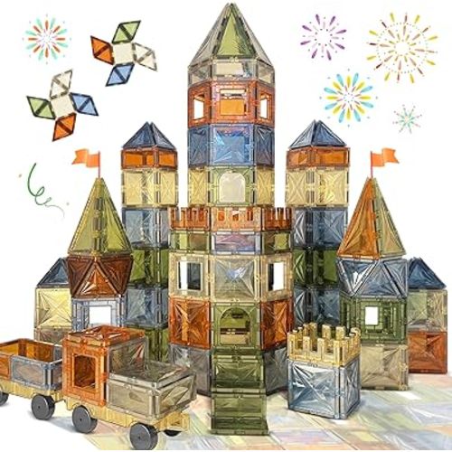 100PCS Magnetic Tiles Montessori Toys Magnetic Blocks Kids Games STEM Classroom Educational Learning Sensory Magnet Natural Toy for Toddler Boys Girls 3+ Year Old with 2 Cars