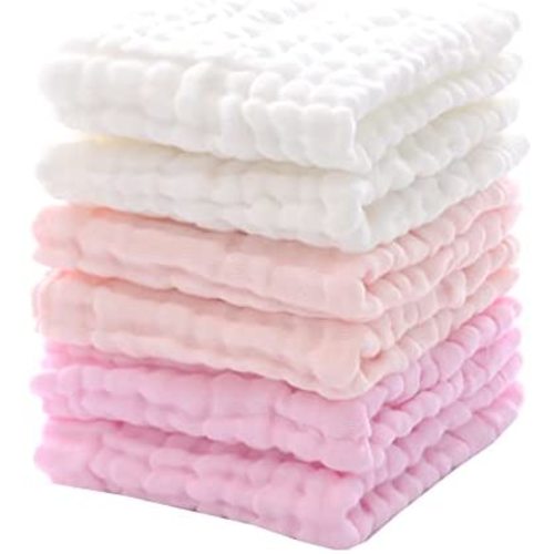 MUKIN Baby Muslin Washcloths - Soft Face Cloths for Newborn, Absorbent Bath Face Towels, Baby Wipes, Burp Cloths or Face Towels, Baby Registry as Shower. Pack of 6 -12x12 inches (Pink)