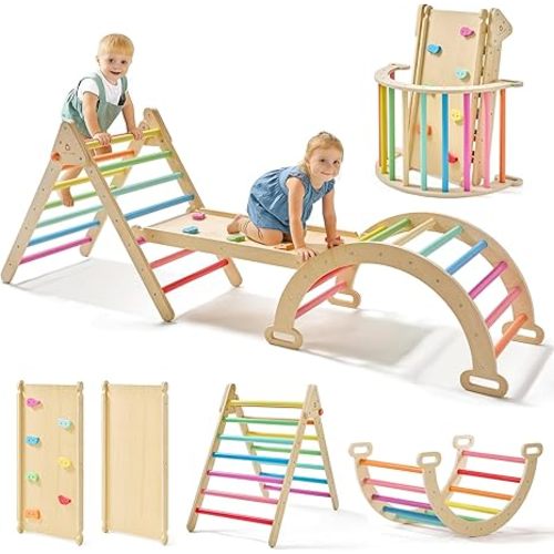 Tiny Land Pikler Triangle Set, 7-in-1 Foldable Pikler Triangle Climbing Toys Set for Kids,Baby Indoor Playground Jungle Gym, Wooden Montessori Climbing Set for Toddler (Rainbow)