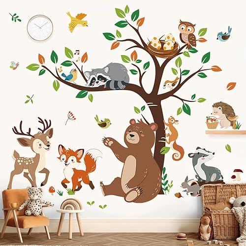 decalmile Woodland Animal Forest Tree Wall Stickers Bear Deer Fox Wall Decals Baby Nursery Kids Bedroom Living Room Wall Decor
