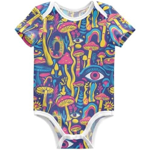 Baby Bodysuits Short Sleeve Psychedelic Pattern Mushroom Unisex Baby Onesie Cotton Clothes for Boys Girls 0-3 Months