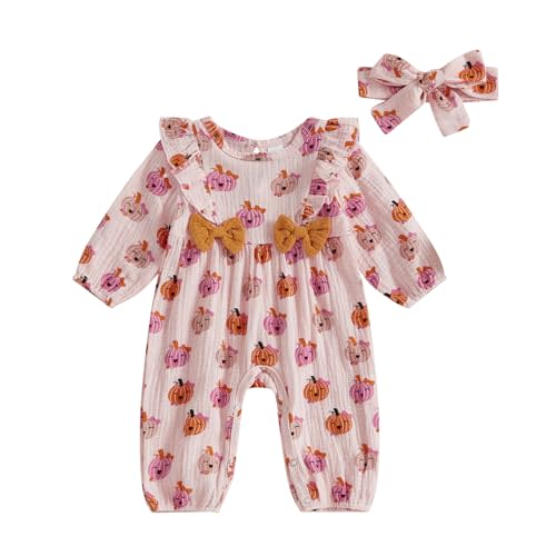 Licupiee Infant Girl Pumpkin Jumpsuit Long Sleeve Ruffle Bow Romper with Headband Newborn Baby Cotton Linen Halloween Clothes