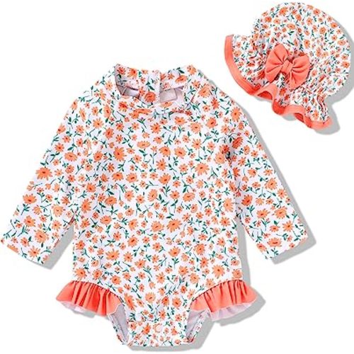 Infant Baby Girl Swimsuit One-Piece Long Sleeve Rash Guard with Hat Set Floral Zipper Bathing Suit Leopard Beach Wear