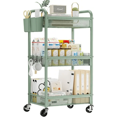 YASONIC 3 Tier Rolling Cart – Metal Utility Storage Carts with Wheels, Craft Carts Organizer with Hanging Cups, Hooks, Mesh Basket for Bedside Kitchen Office Art, Green
