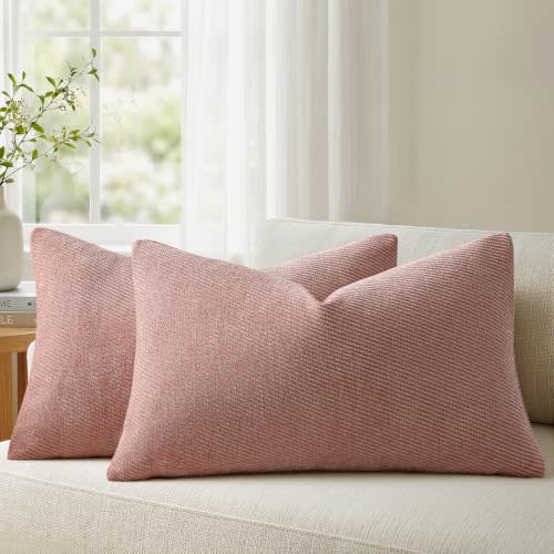 a moment Pack of 2 Decorative Chenille Throw Pillow Covers with Twill Cushion Covers for Sofa Living Room Couch Bed 12x20 Inch Blush Pink