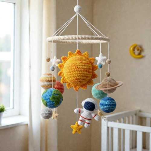 Handmade Crochet Space Mobile, Solar System Yarn Mobile with Astronaut and Planets, Neutral Nursery Decor