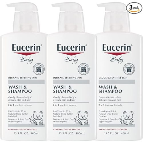 Eucerin Baby Wash & Shampoo - 2 in 1 Tear Free Formula, Hypoallergenic & Fragrance Free, Nourish and Soothe Sensitive Skin - 13.5 Fl Oz (Pack of 3) - Unscented