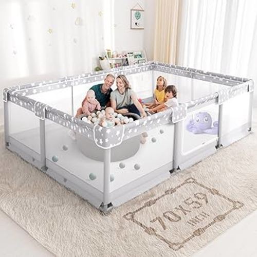 Large Baby Playpen for Babies and Toddlers - 70x59in Giant Play Pen for Babies 6-12 Months Big Play Yard for Toddlers 1-3 Play Pens for Toddler Indoors Playyard Fence Pin Corrales para Bebes Grey-s