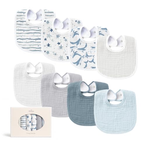 Konssy 8-Pack Muslin Baby Bibs, Adjustable Fit for Drooling and Teething | Soft Absorbent, Drool Bibs for Baby Boys Girls, Cotton Front with Fleece Backing, Newborn to Toddler 0-36M