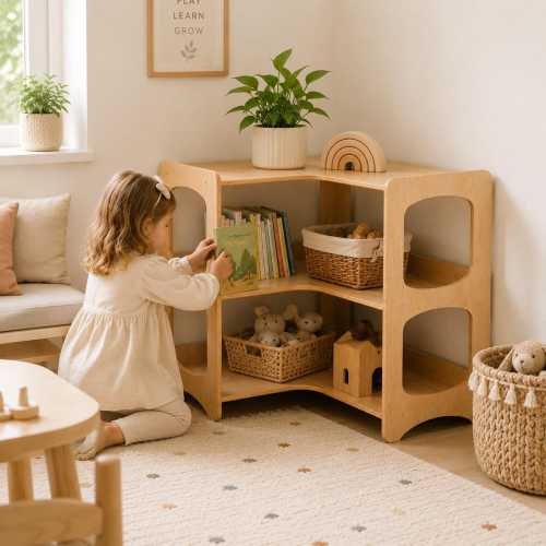 Corner Montessori Shelf for Kids Room, Homeschool Book and Toy Organizer Set