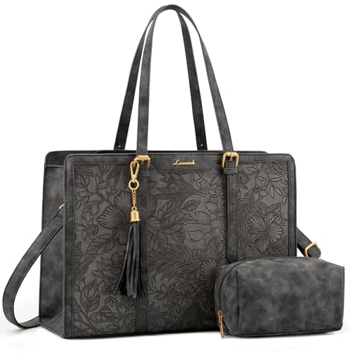 LOVEVOOK Work Tote Bag for Women,17.3 inch Vintage Laptop Tote Large Capacity Leather Computer Bag with Clutch Purse for Teacher,Office,Casual