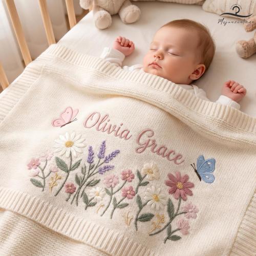 Embroidered Floral Baby Blanket, Custom Baby Name Gift, Newborn Shower Gift, Cute Wildflower Blanket, Baby Nursery Decor, Baby Girl Gift